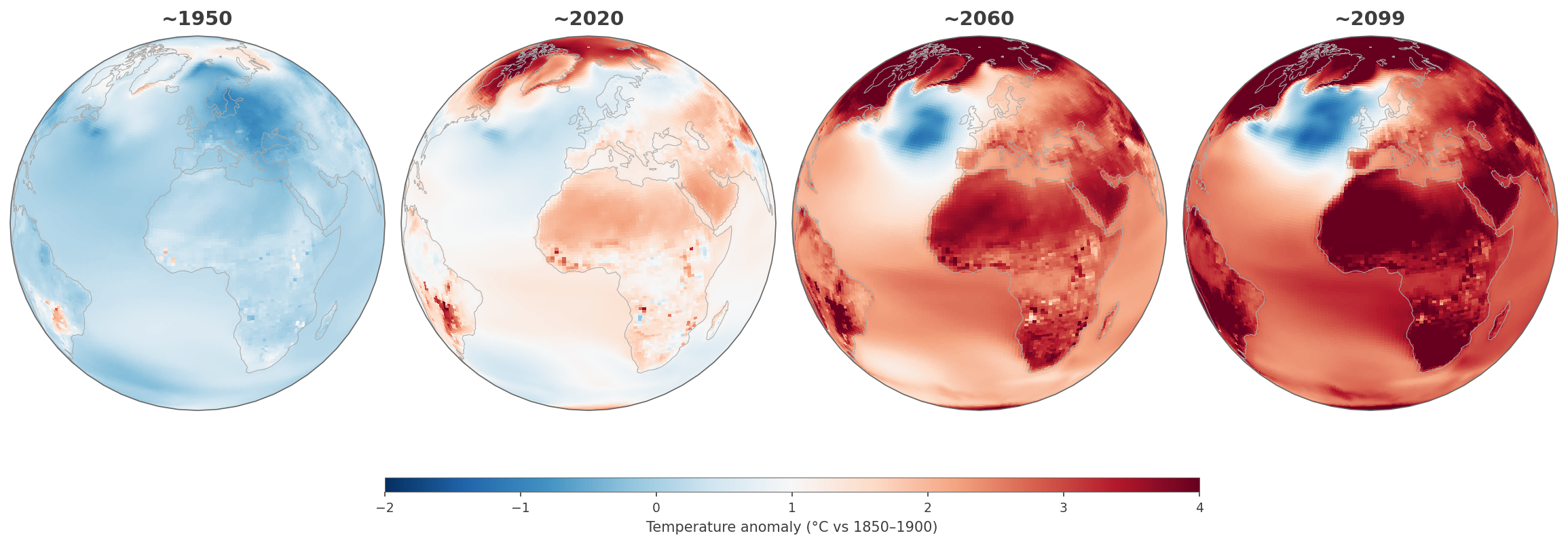 Global warming projections from CESM2 showing temperature anomalies at 1900, 1950, 2010, and 2060